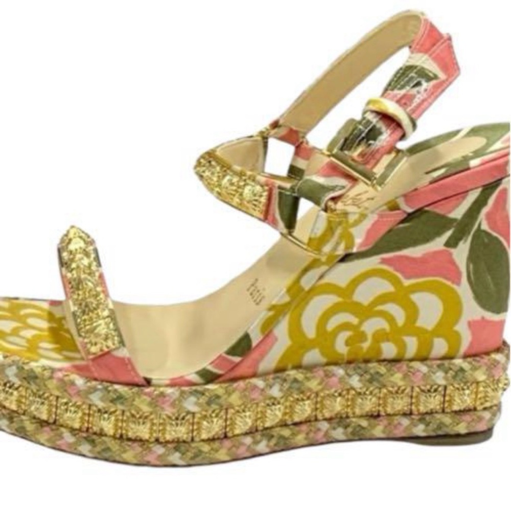 Louboutin Floral Wedge Sandals with Gold Accents